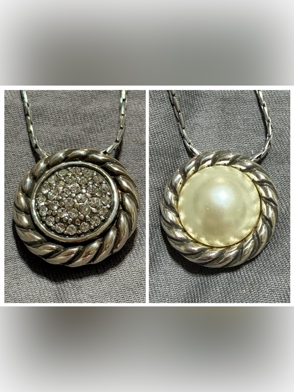 REVERSIBLE Brighton PEARL MAGIC Silver Crystal Scrolled Pendant Necklace